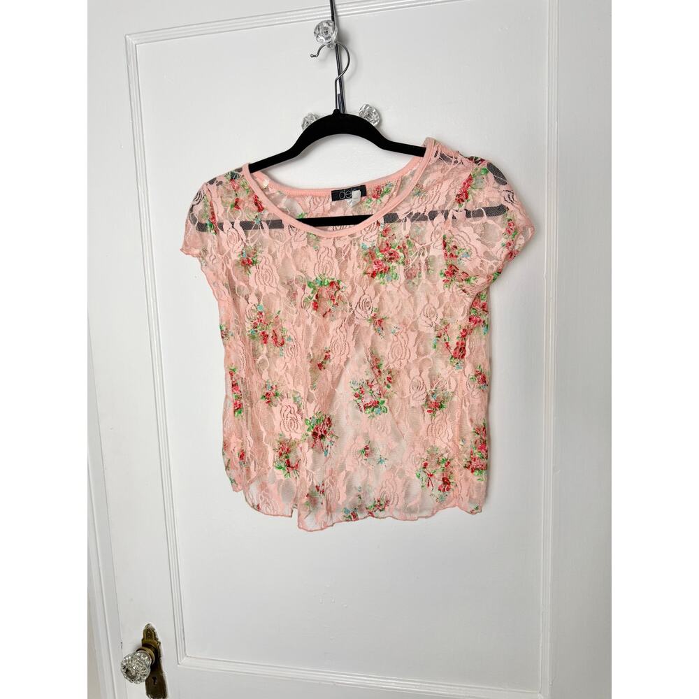 Vintage Y2K DEB Pink Floral Lace Sheer Short Sleeve Romantic Baby Top Small
